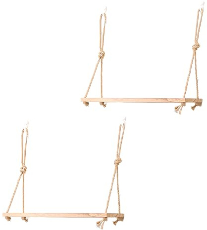 Fadcaer 2pcs Macrame Hanging Shelves Bohemian Small Shelf Wall Hanging Shelf Rustic Wood Swing Storage Shelves for Living Room Bedroom Nursery Dorm Room Small Plants Photos Decor