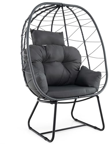 COSTWAY Standing Rattan Garden Egg Chair, Oversized Patio Lounge Chair with Thick Cushions and Headrest, Steel Frame Indoor Outdoor Wicker Egg Basket Chair Teardrop Sofa Seat for Balcony Porch (Grey)