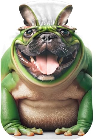 Wärmflasche mit lustigem Frosch-Hundekopf, mit Samtbezug, Wärmbeutel für heiße und kalte Kompresse, 1 l