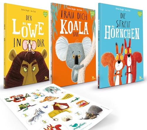 3er Bücher Set: Trau dich, Koalabär, Die Streithörnchen, Der Löwe in dir | Bright/Field, Kinderbücher über Mut, Freundschaft & Selbstvertrauen + exklusives Stickerset - Bilderbuch-Set ab 3 Jahren