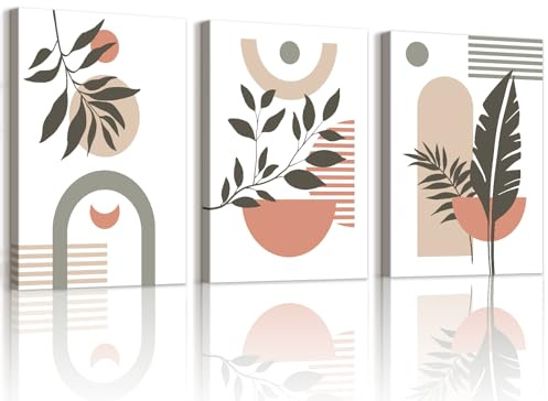 WENGTIAO 3 Stück Boho Abstrakte Leinwand Bilder Kunstdrucke mit Rahmen | Botanische Pflanzen Geometrisch Linie Wandbilder auf Leinwand Wohnzimmer Schlafzimmer Wanddeko 30x40cmx3