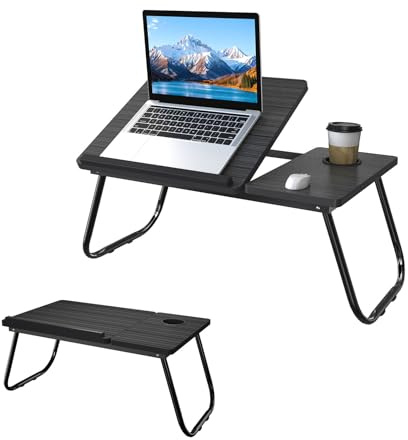 UISEBRT Laptoptisch höhenverstellbar mit 5 Neigungswinkeln und Klappfunktion tragbarer Betttisch mit Getränkehalter und Stabiler MDF-Platte Laptop Tisch für Bett Sofa und Boden, Schwarz gebürstet