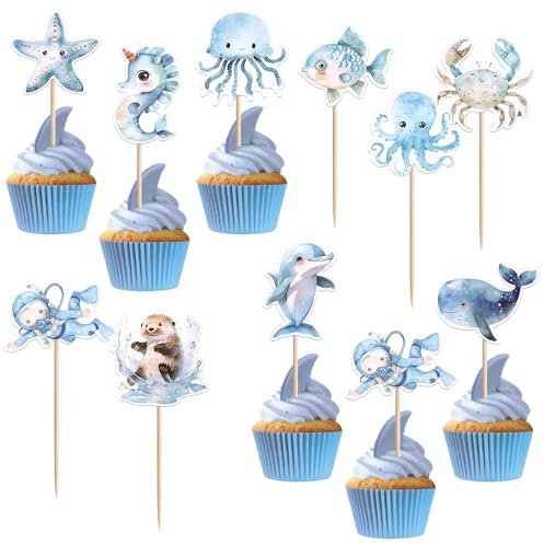 CharmeFleur 40 pezzi decorazioni cupcake animali marini squalo delfino stella marina polpo cavalluccio marino topper per cupcake decorazione baby shower tema sotto il mare