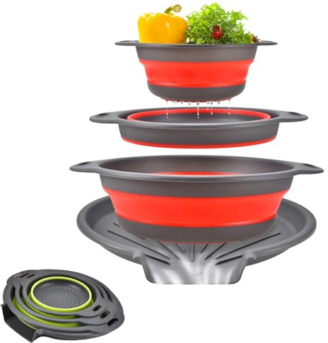 Lot de 3 passoires pliables avec plateau égouttoir,passoire pliable silicone,Passoire égouttoir évier,Empilables,Sans BPA,Antidérapant,Gain d'espace,Lave-vaisselle,Pour pâtes et légumes(Rouge)