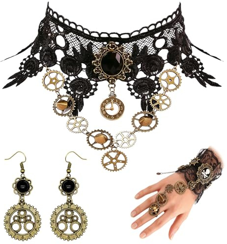 Spetsbst 3 stycken steampunk tillbehör damer, steampunk tillbehör kugghjul halsband damer örhängen armband för karneval cosplay, Polyester