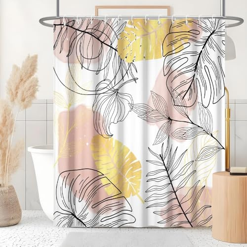 Duschvorhang 180x200cm, Uiiooazy Duschvorhang Anti Schimmel Rosa Boho Style Tropisch Abstrakt Schwarz Gold Palmenblätter Duschvorhäng Stoff Waschbar Wasserdicht Bad Vorhang mit 12 Haken für Badezimmer