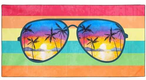 Violetpos Rainbow Sunglasses Palm Tree Beach Towel, Extra Large 180x90 cm 250GSM Microfibre, Sand Free Quick Dry, Ideal Vacation Gifts with Carry Bag for Pool Cruise Camping