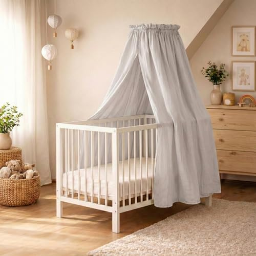 Betthimmel Babybett Set - Musselin Stoff mit montierter Himmelstange - Baldachin für Babybett zum Anklemmen - Himmelbett Vorhang & Kinderzimmer Deko in 135cm (Hellgrau)