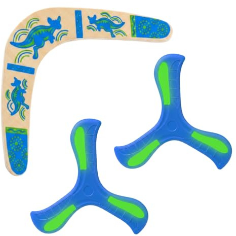 ZexJpr 3 Stück Bumerang Set, Boomerang für Outdoor Spiele und Strandspiele Erwachsene, Garten Spielzeug mit Wurfgleiter Design, 35 cm Blauer Känguru Bumerang und 2 Nachtleuchtende Boomerangs