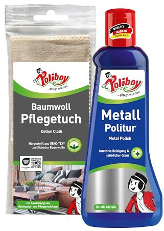 POLIBOY Metall Politur – Poliermittel für glänzende Metalle – Metallpflegemittel mit Anlaufschutz - 1x 200 ml - Mit Baumwolltuch