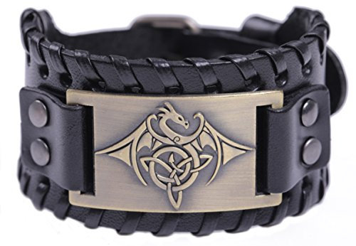 TEAMER Keltisch Dreifaltigkeit Knoten Triquetra Armband Flügel Drache Lederarmband Geschenk Schmuck für Männer (Antique Bronze, Schwarz)