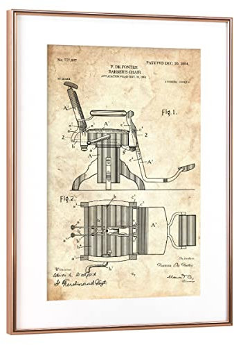 artboxONE Poster mit Rahmen Kupfer 75x50 cm Friseurstuhl Patent (Antik) von Artkuu - gerahmtes Poster