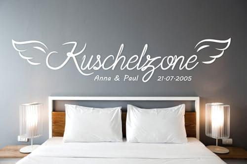 Tjapalo® A13 Kuschelzone mit Namen und Datum - Wandtattoo für Schlafzimmer, Sprüche und Liebe - Farbe: dunkelgrau, Größe: B200xH40cm