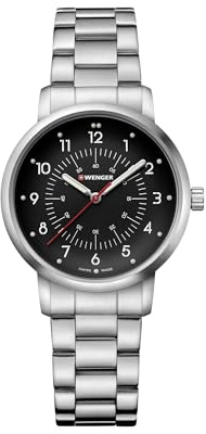 WENGER Unisex Armbanduhr Avenue Ø 35 mm, Swiss Made, Analog Quarz, Wasserdicht bis 100 m, Edelstahl-Armband, Schwarz/Silber, 01.1621.114