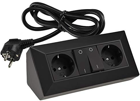 ChiliTec 2-Fach Steckdosenblock Aufbau-Steckdose mit Schalter 1,5m Kabel Schwarz 2X 230V schaltbare Steckdosen + 2X Wippen-Schalter I Ecksteckdose mit 90° Winkel I 230V Unterbau Aufbau Montage