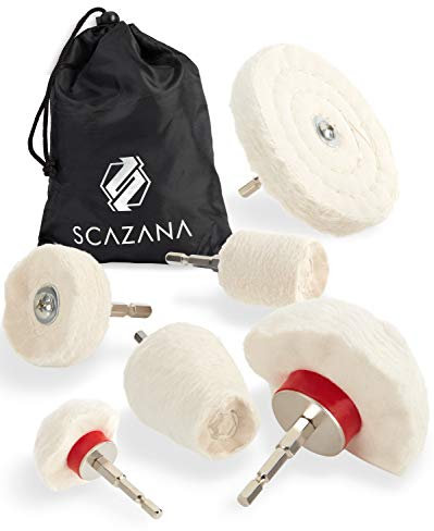 SCAZANA® Polieraufsatz Akkuschrauber - Inkl. hochwertigem Sechskantschaft - Schonende Polierscheiben für Bohrmaschine - 6 teiliger Polieraufsatz mit praktischer Aufbewahrungstasche