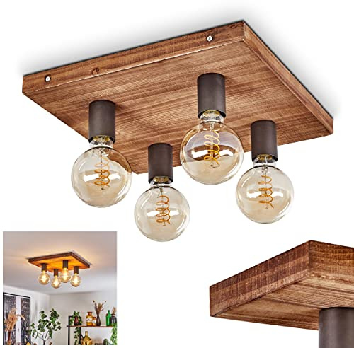 HOFSTEIN Deckenleuchte Amnicon, Deckenlampe aus Holz/Metall in Naturfarben/Schwarz, moderne Leuchte im offenen Retro/Vintage-Design, 4 x E27, Esszimmer, Schlafzimmer, Wohnzimmer, Küche