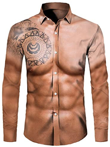WEGUKRI La camisa fresca de los botones de la impresión del modelo 3D del músculo, los hombres imprimieron los tops largos de, Color 6, XXXXXL