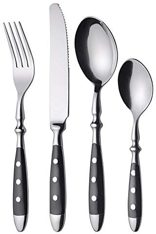 SHALOLY Set di Posate da 24 Pezzi con Coltello/Cucchiaio/forchetta, Servizio per 6 Punti creativi lucidati a Specchio per casa, Hotel, Ristorante, Argento Nero (Argento Nero)