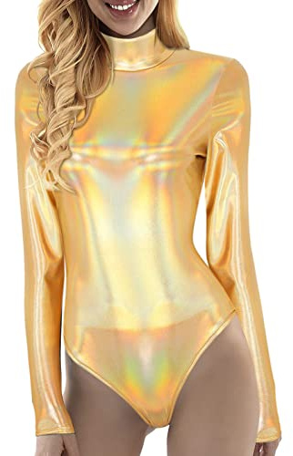 Damen Glänzende Ballettanzug Ballettbody Sport Tanz Body Gymnastikanzug Trikot Langarm Bodysuit Metallic Wetlook Einteiler Turnanzug Leotards Overall Lack Leder Oberteile Tops Kostüm