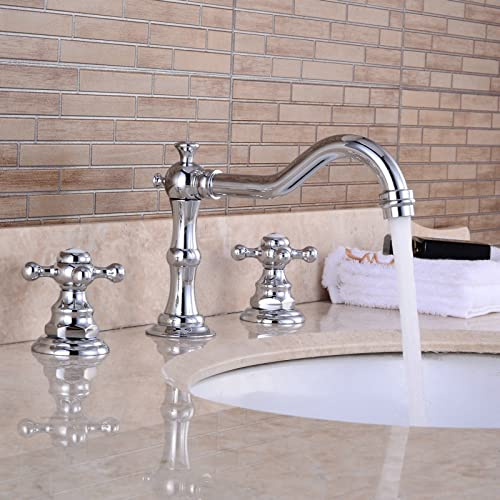 ZYCDP Mischbatterie Waschbecken Vintage Chrom, Waschbecken Armaturen Messing, Kaltes und Heißes Wasser, 3 Löcher, Zweigriff Mischbatterie für Badezimmer Waschbecken mit Kreuzgriff