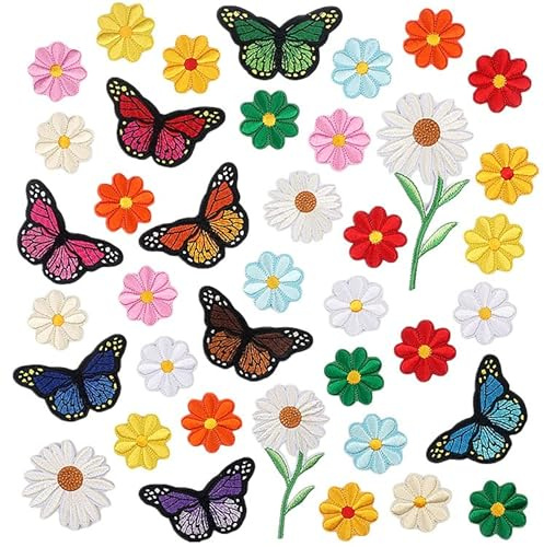 Lot de 16 écussons brodés thermocollants pour adultes - Mini Sun Flower - Motif papillon - Brodés - Thermocollants - Pour jeans