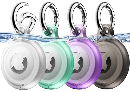 JETech 4 Pack Vattentätt Fodral för AirTag 2:a/1:a Generationen (2026/2021) med Nyckelring, Helkropps Reptålig Air Tag Nyckelring Hållare Lock för Barn, Djurhalsband (Svart/Klar/Grön/Lila)