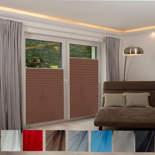 Plissee ohne Bohren Plissees Klemmfix 45 x 100 cm Blickdicht Sichtschutz Sonnenschutz Faltrollo Plisseerollo Jalousie innen mit Klemmträger / -fix für Fenster & Tür, Braun