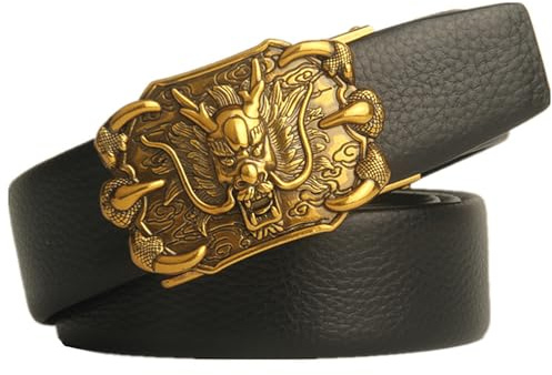 NALANY Herren Ratsche Ledergürtel Schwarz 100–200cm Extra Langer Prägung Gürtel Mit Automatikschließe Geschnitztes König Der Löwen Löwenkopf Tier Gürtelschnalle Verstellbarer(200cm/79, Dragon's Claw)