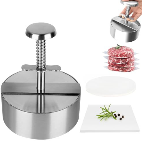 Palmcee Burger Press, 304 Stainless Steel Burger Press Chopped Steak 4.5 Inch Adjustable Hamburger Patty Maker Comes with 200 Burger Papers for Burger Shop BBQ Party