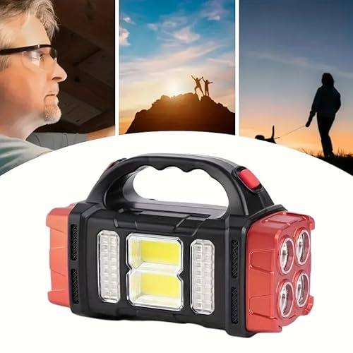 Portable Solar or Rechargeable Lights,Multi-Functional LED Camping Torch ＆ Emergency Charger,Waterproof Spotlight Searchlight Flashlight for Hiking, Night Fishing, Hunting,Various Emergencies (Red)
