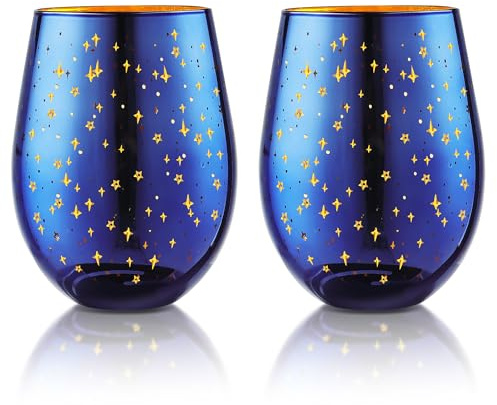 Joeyan 540ml Blau Weihnachtsgläser, Festliche Weingläser ohne Stiel mit Funkelten Goldenen Sternen Verziert, Sternenhimmel Rotweingläser, Weinkelche für Weihnachten Party, Geschenk Weinbecher, 2er Set