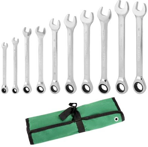 QWORK Lot de 10 clés à cliquet 8-19 mm, clé mixte ouverte, 72 dents, sac de rangement