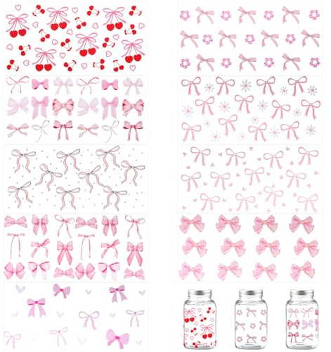 9 Sheets DTF Transfer Stickers, Pink Bow Transfer Cup Stickers Cute Bow Cup Wraps for 16 oz Glass Water Bottle Girls DIY Crafts Decorations