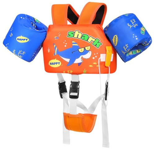 MoKo Gilet de Bain pour Enfants 20-50 lbs, Brassard de Natation avec Sangle Réglable, Gilet de Natation, Veste de Natation Flottant pour Piscine Apprendre à Nager, Requins Orange et Bleu