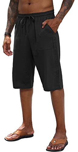 Herr linneshorts vardaglig bomull sommar strand elastiska byxor 3/4 längd byxor shorts