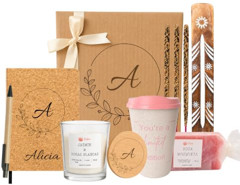 Regalo Personalizado para Mujer con Libreta, Vela y Caja Personalizadas | Grabado láser. Hecho en España. Listo para regalar.
