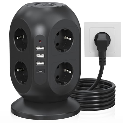Tour de prise avec USB, 8 prises de distribution avec USB C, multiprise avec interrupteur, tour de prise avec câble de 2 m, multiprise avec protection contre les surtensions pour la maison et le