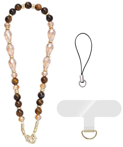 XFSRG Handykette Kurz Perlen & Bunte Steine Handy Anhänger für Damen Eleganter Handyketten Schmuck für Alle Handys Handykette Handgelenk Dekoration (Kaffee)