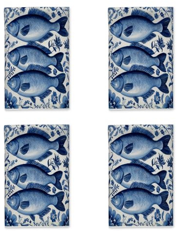 Set di 4 strofinacci da cucina a forma di pesce, stile vintage con fiori e foglie blu, riutilizzabili, per asciugare la cucina, decorazione per piano di lavoro, 40,6 x 61 cm (4 pezzi)