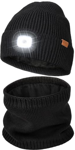 Wmcaps Mütze mit LED Licht und Schal Set, Fleece Wintermütze mit Licht | Rundum-Wärme, Weiches Fleecefutter, Ultrahell LED-Leuchte, ideal für kalte Gassi-Runden, Geschenke für Männer Frauen