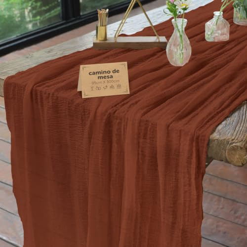 aboveBED 85cm X 300cm Musselin Käsetuch Tischläufer Terrakotta Rot, Boho Waschbar Tischdeko Tischband für Hochzeit, Geburtstag, Kommunion, Taufe, Party, Valentinstag, Weihnachten und Silvester Dekor