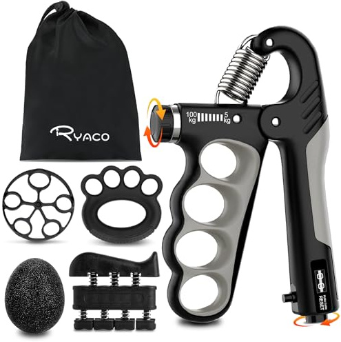 Kit de entrenamiento RYACO para fortalecer el agarre (paquete de 6): incluye ejercitador de manos y antebrazos ajustable, estirador de dedos, anillo de agarre y pelota antiestrés