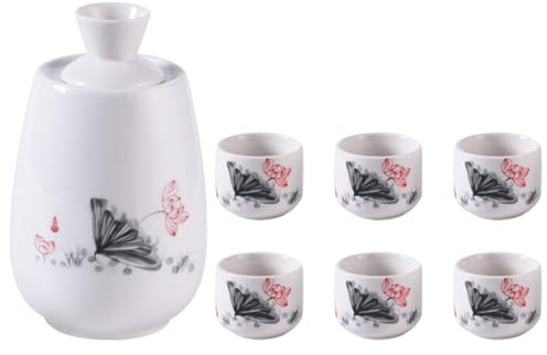 ULTECHNOVO Set da Sakè in Ceramica Bottiglia Tradizionale Scalda-sakè e 6 Tazze Giapponesi, Decorazione Elegante per Degustazione e Intrattenimento a Casa