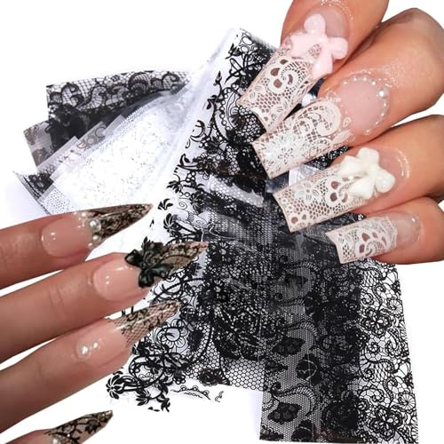 Nymora Nageltransferfolie, Lace Nagel Folie, Transferfolie Nägel Spitze, 10 Stück Nagelaufkleber Set in Schwarz & Weiß, Selbstklebend Nageldesign Zubehör