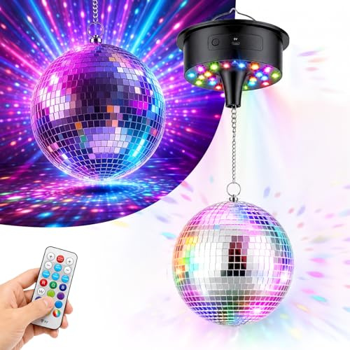 Discokugel mit Motor und Licht 20CM, Rotierende Spiegelkugel Set mit 30 RGB LEDs, 6 Geschwindigkeiten, Fernbedienung & Musiksteuerung, Batterie/USB Discolicht Partylicht