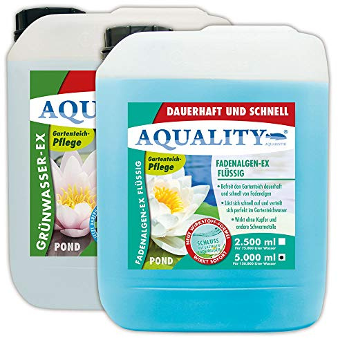 AQUALITY Algenvernichter Komplett-Sparset Gartenteich (Befreit und entfernt Fadenalgen, Schwebealgen, grünes Wasser schnell und dauerhaft), Set-Größe:SET 5000