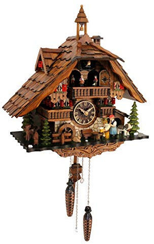 CLOCKVILLA HETTICH UHREN Schwarzwälder Kuckucksuhr Schwarzwaldhaus Quarz bewegliche Schwarzwaldfrau Biertrinker Musik