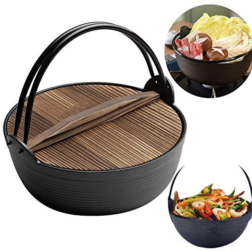 Uniquel Sukiyaki Pot, Poele Fonte Naturelle Cocotte en Fonte Wok Induction Appareil Fondue Chinoise avec Couvercle en Bois pour Cuisine Bibimbap Porridge Soupe Nouilles, 4 Tailles27cm
