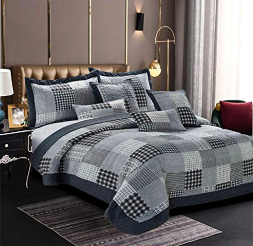 B&B Grey Double Bed Cover Set Decorative Bedspread 100% Cotton Warm Quilt Blanket 3 Piece Bedding Sets + 2 Pillow Sham for Bedroom Décor